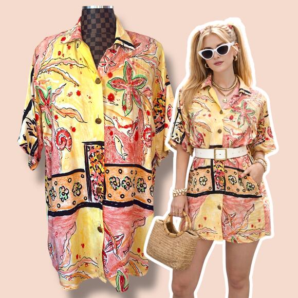 Vintage Tops - Vtg 80s Abstract Floral Blouse Sequin Beaded Size 2X Retro Oversized Beachy Glam